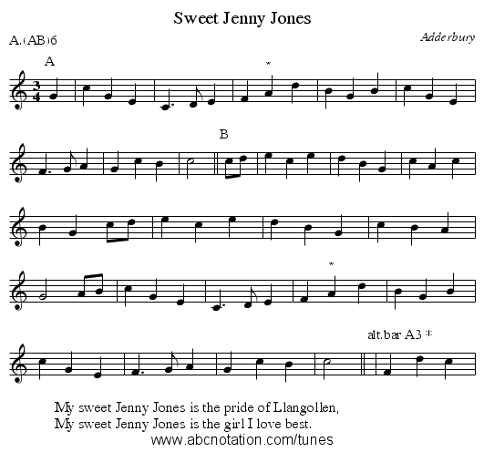 Sweet Jenny Jones - staff notation