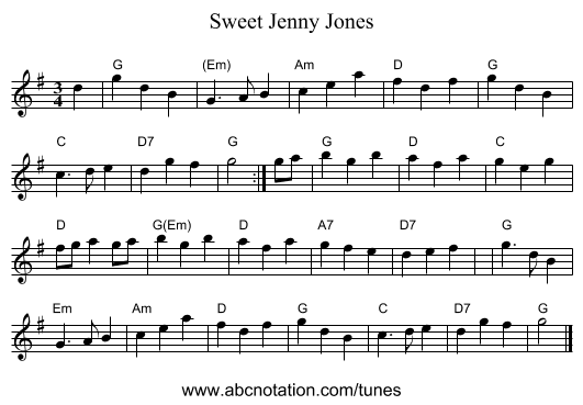Sweet Jenny Jones - staff notation