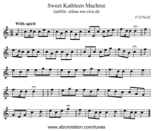 Sweet Kathleen Machree - staff notation