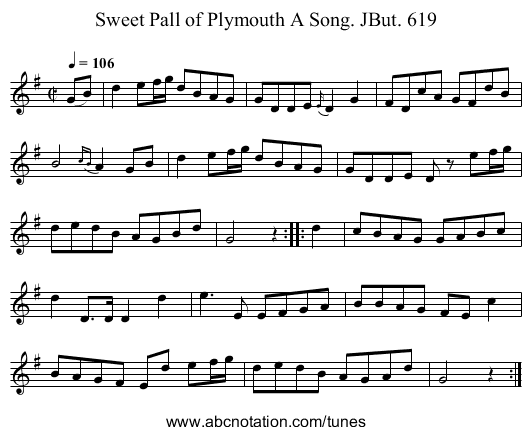 Sweet Pall of Plymouth A Song. JBut. 619 - staff notation