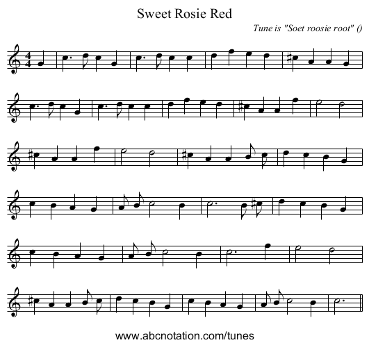 Sweet Rosie Red - staff notation