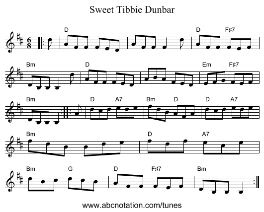 Sweet Tibbie Dunbar - staff notation