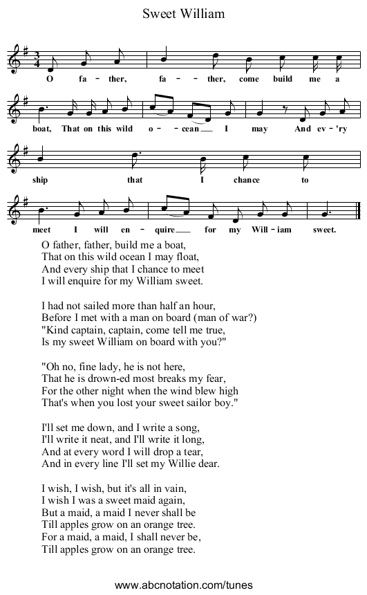 Sweet William - staff notation