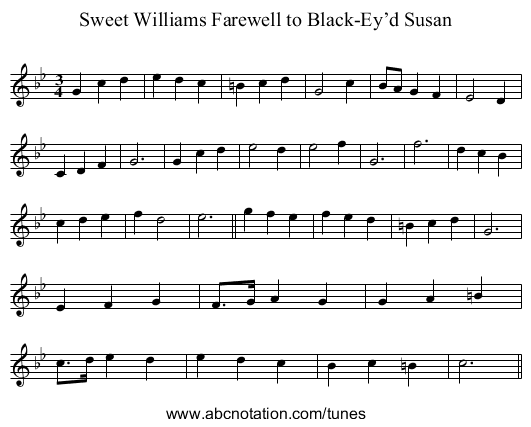 Sweet Williams Farewell to Black-Ey’d Susan - staff notation