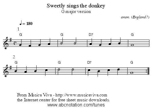 Sweetly sings the donkey - staff notation