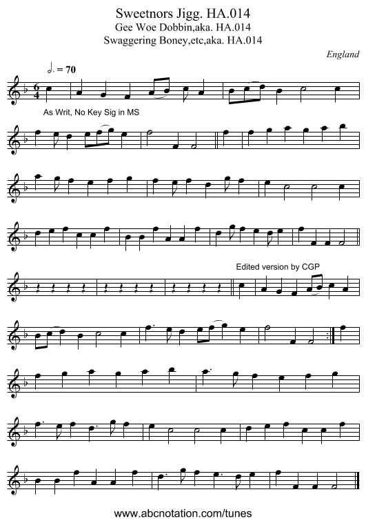 Sweetnors Jigg. HA.014 - staff notation