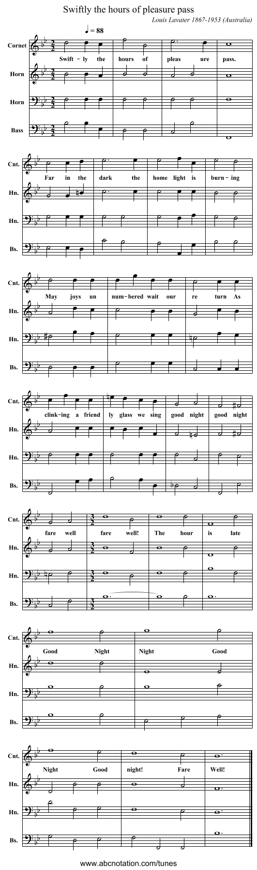 Swiftly the hours of pleasure pass - staff notation