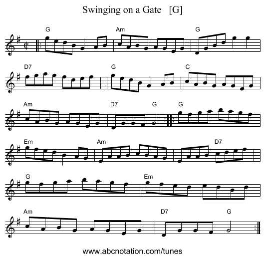 Swinging on a Gate   [G] - staff notation