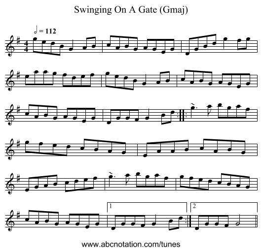 Swinging On A Gate (Gmaj) - staff notation