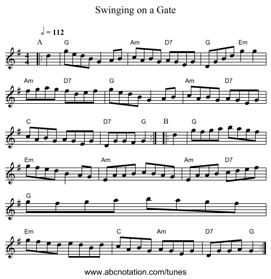 Swinging on a Gate - staff notation