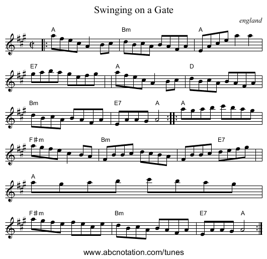 Swinging on a Gate - staff notation