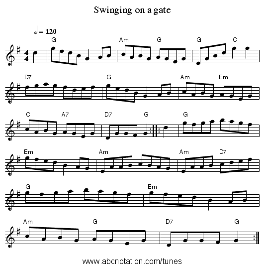 Swinging on a gate - staff notation