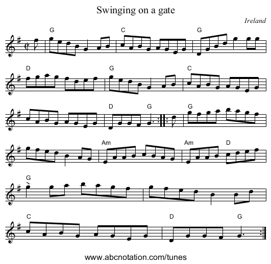 Swinging on a gate - staff notation