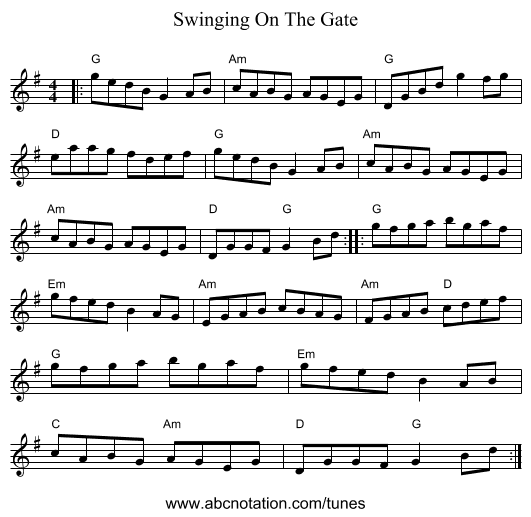 Swinging On The Gate - staff notation