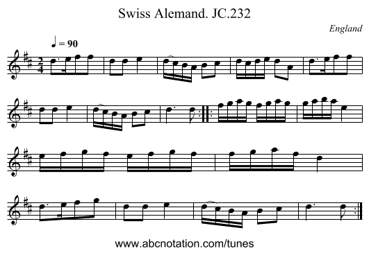 Swiss Alemand. JC.232 - staff notation