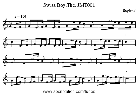 Swiss Boy,The. JMT001 - staff notation