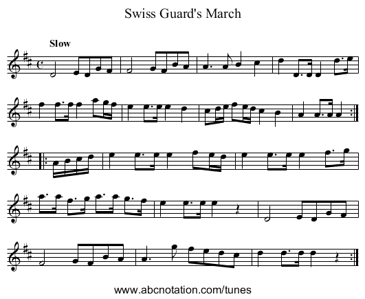 Swiss Guard's March - staff notation