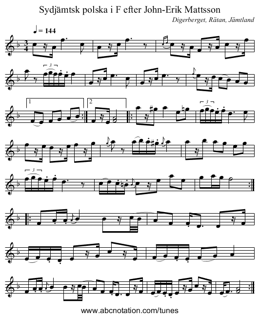 Sydjämtsk polska i F efter John-Erik Mattsson - staff notation