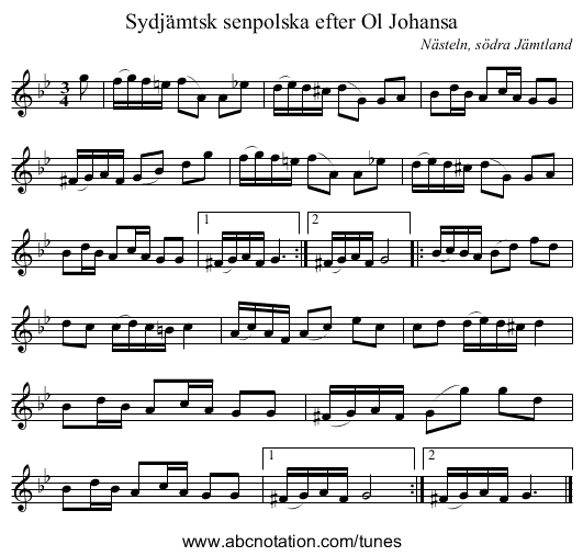 Sydjämtsk senpolska efter Ol Johansa - staff notation