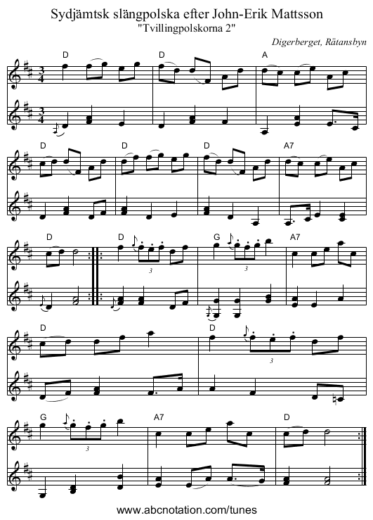 Sydjämtsk slängpolska efter John-Erik Mattsson - staff notation
