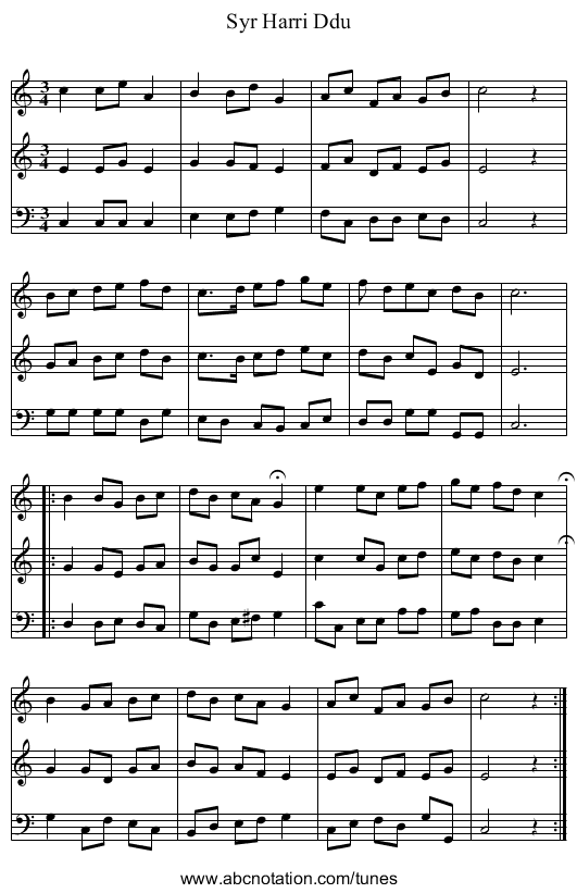 Syr Harri Ddu - staff notation