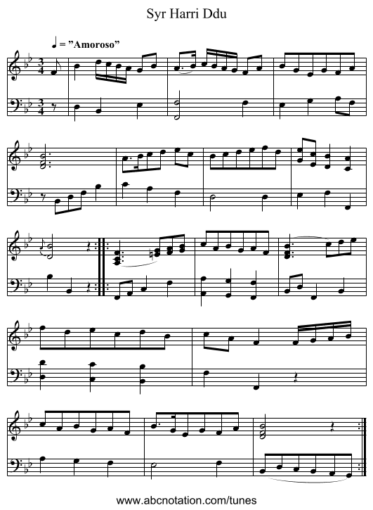 Syr Harri Ddu - staff notation