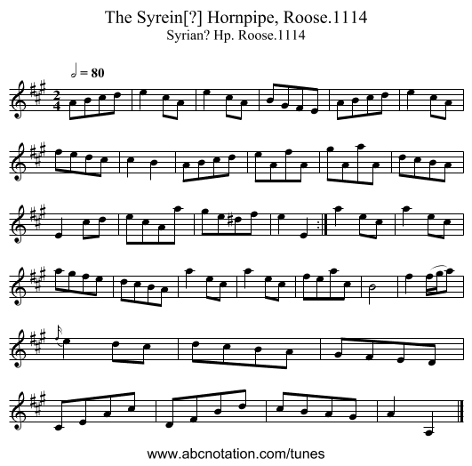 Syrein[?] Hornpipe, Roose.1114, The - staff notation
