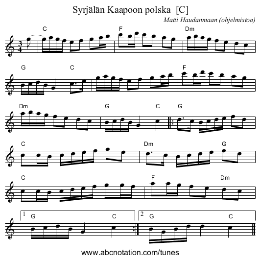 Syrj&auml;l&auml;n Kaapoon polska  [C] - staff notation