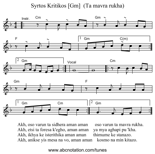 Syrtos Kritikos [Gm]  (Ta mavra rukha) - staff notation