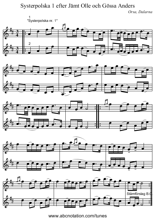 Systerpolska 1 efter Jämt Olle och Gössa Anders - staff notation