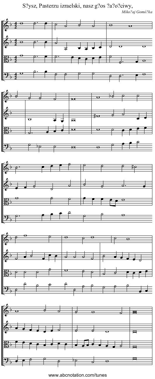 S?ysz, Pasterzu izraelski, nasz g?os ?a?o?ciwy, - staff notation