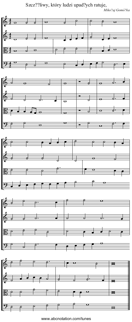 Szcz??liwy, który ludzi upad?ych ratuje, - staff notation