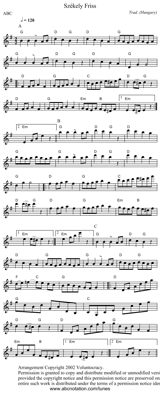 Sz&eacute;kely Friss - staff notation