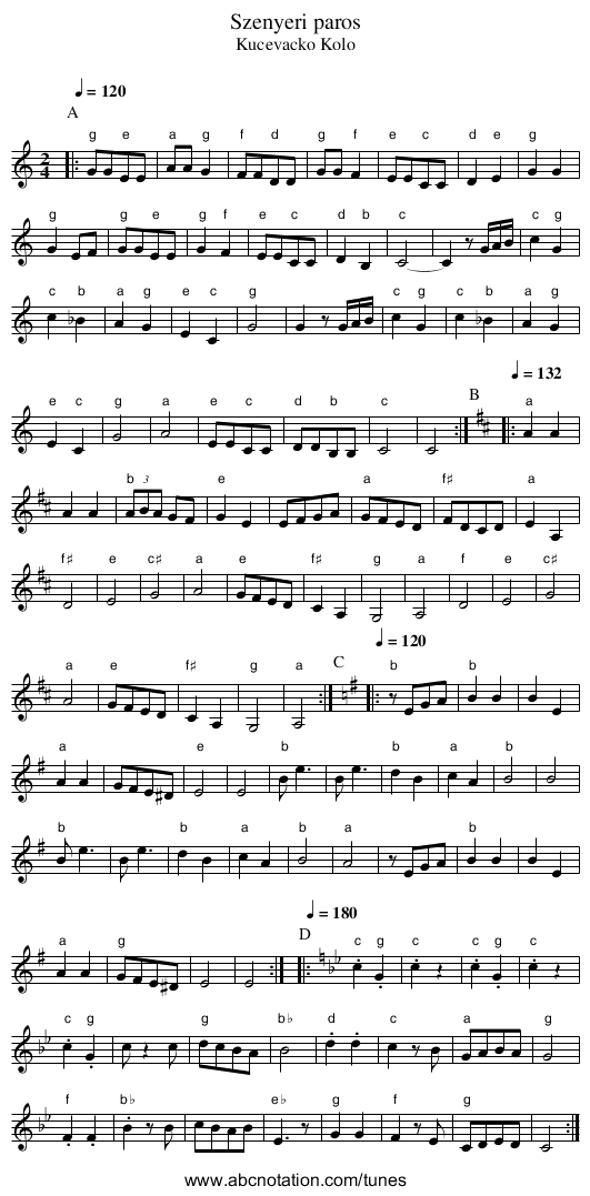 Szenyeri paros - staff notation