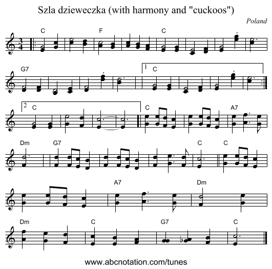 Szła dzieweczka (with harmony and cuckoos) - staff notation