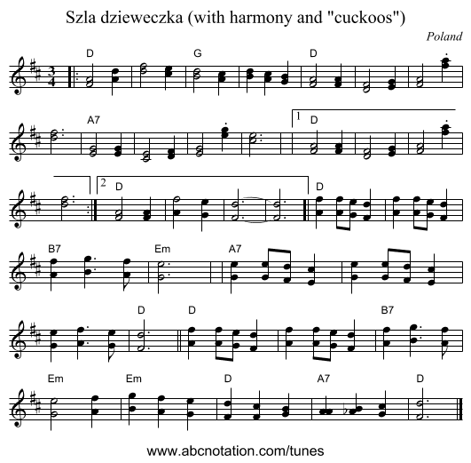Szła dzieweczka (with harmony and cuckoos) - staff notation