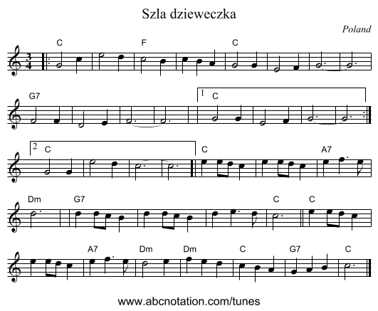 Szła dzieweczka - staff notation