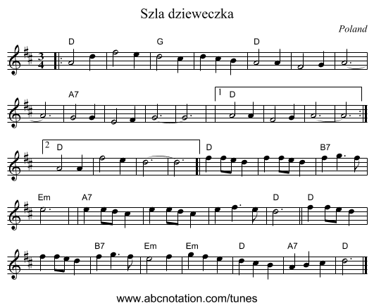 Szła dzieweczka - staff notation