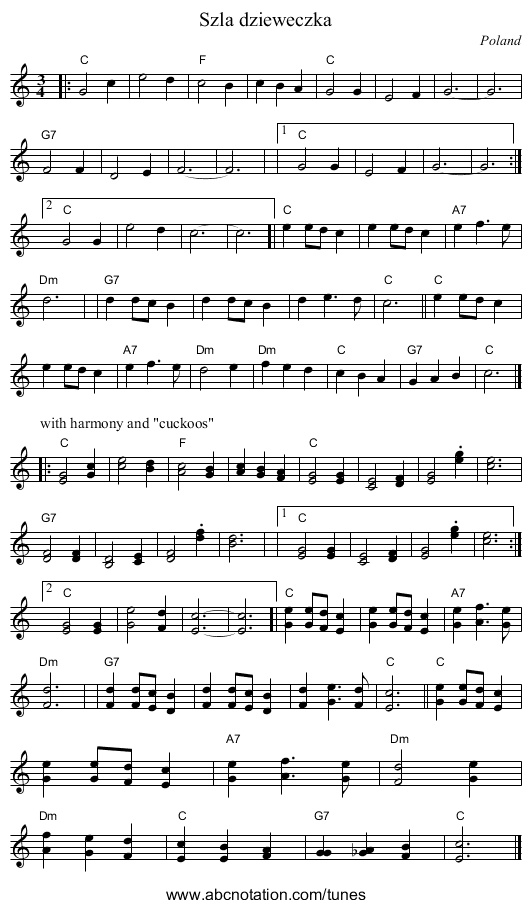 Szla dzieweczka - staff notation