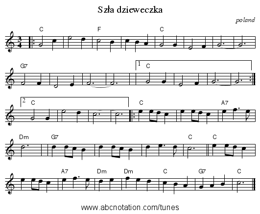 Szła dzieweczka - staff notation