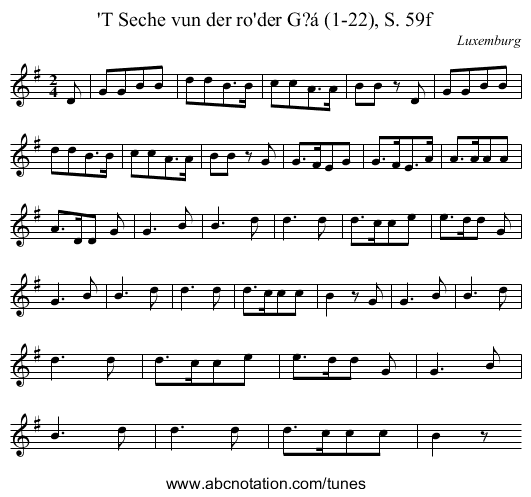 'T Seche vun der ro'der G?á (1-22), S. 59f - staff notation