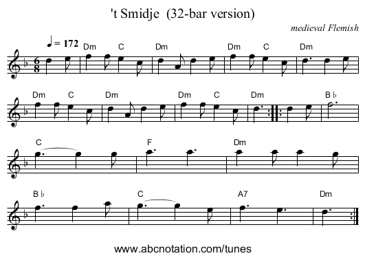 't Smidje  (32-bar version) - staff notation