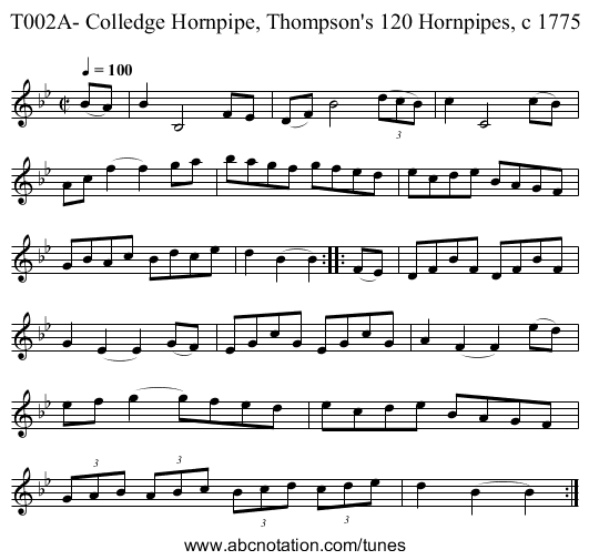 T002A- Colledge Hornpipe, Thompson's 120 Hornpipes, c 1775 - staff notation