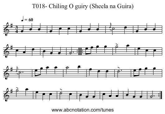 T018- Chiling O guiry (Sheela na Guira) - staff notation