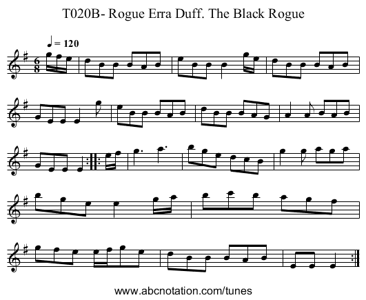 T020B- Rogue Erra Duff. The Black Rogue - staff notation