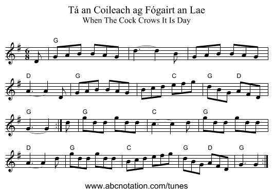 Tá an Coileach ag Fógairt an Lae - staff notation