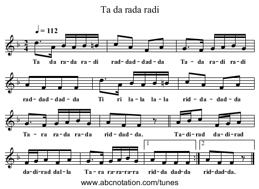 Ta da rada radi - staff notation