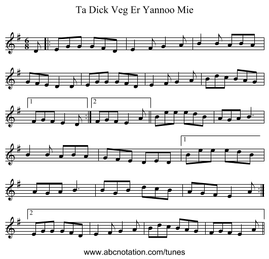 Ta Dick Veg Er Yannoo Mie - staff notation