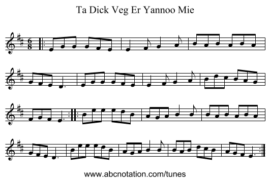 Ta Dick Veg Er Yannoo Mie - staff notation