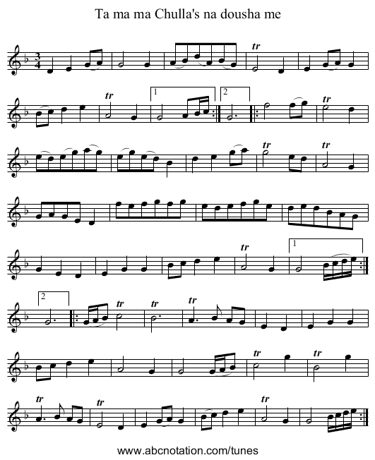 Ta ma ma Chulla's na dousha me - staff notation